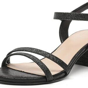 Women's Open Toe Ankle Strap Glitter BLACK Sandals Block Chunky Heels sz 9